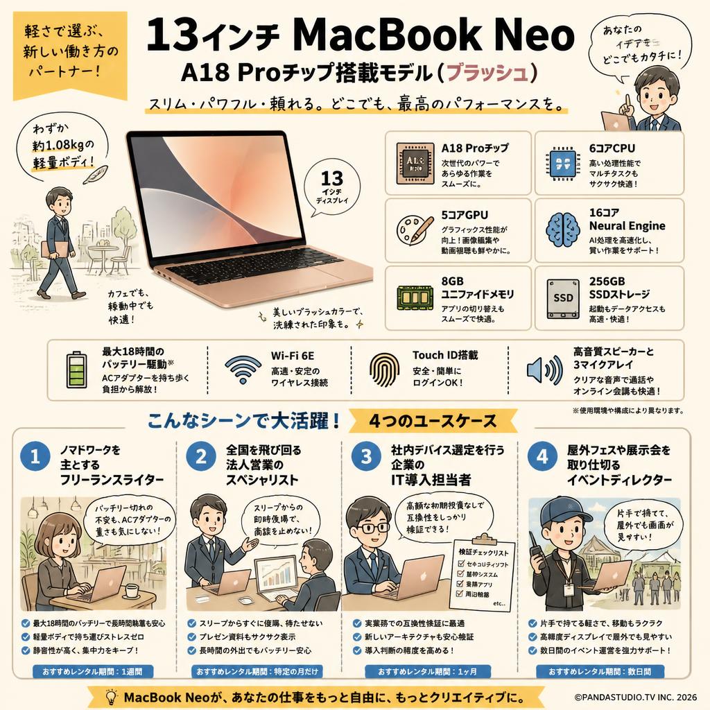 13インチ MacBook Neo A18 Proチップ / 6コアCPU / 5コアGPU / 16コアNeural Engine / 8GBユニファイドメモリ / 256GB SSDストレージ ブラッシュ おもな対象のお客様