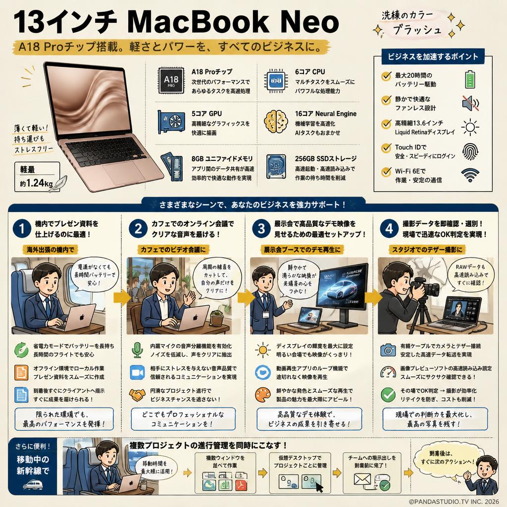 13インチ MacBook Neo A18 Proチップ / 6コアCPU / 5コアGPU / 16コアNeural Engine / 8GBユニファイドメモリ / 256GB SSDストレージ ブラッシュ 用途