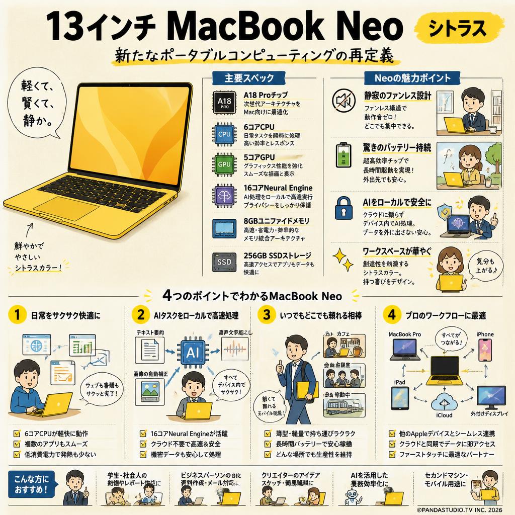 13インチ MacBook Neo A18 Proチップ / 6コアCPU / 5コアGPU / 16コアNeural Engine / 8GBユニファイドメモリ / 256GB SSDストレージ シトラス 概要