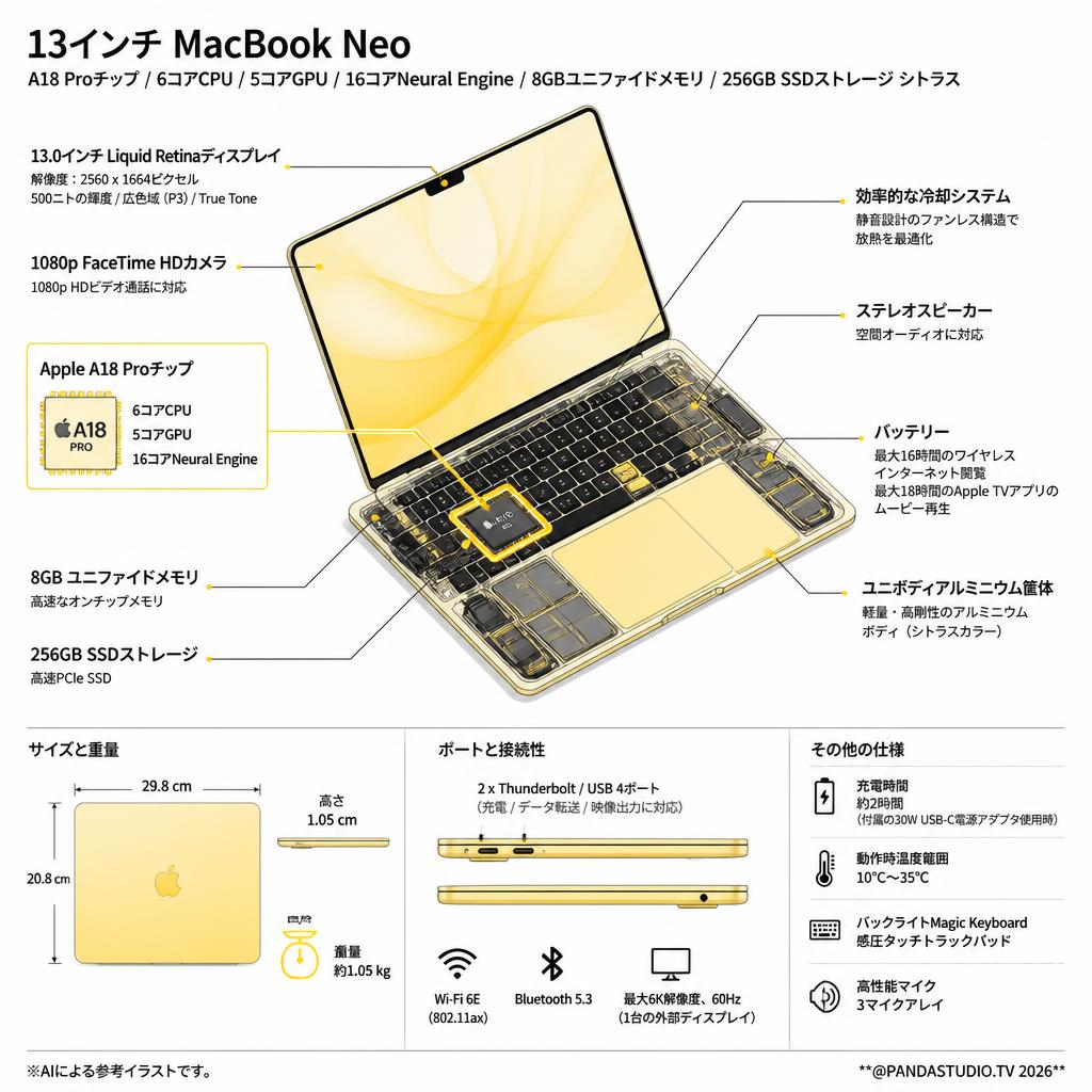 13インチ MacBook Neo A18 Proチップ / 6コアCPU / 5コアGPU / 16コアNeural Engine / 8GBユニファイドメモリ / 256GB SSDストレージ シトラス スペック