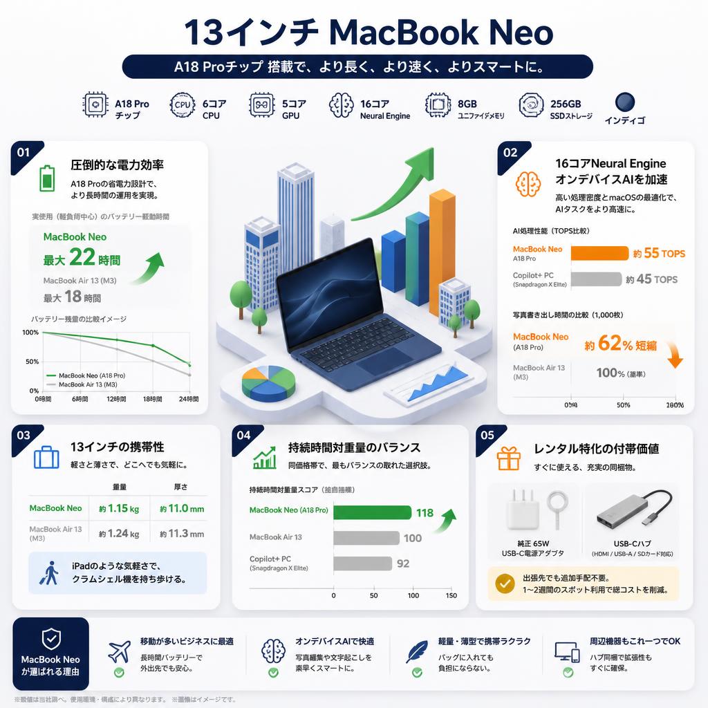 13インチ MacBook Neo A18 Proチップ / 6コアCPU / 5コアGPU / 16コアNeural Engine / 8GBユニファイドメモリ / 256GB SSDストレージ インディゴ セールスポイント