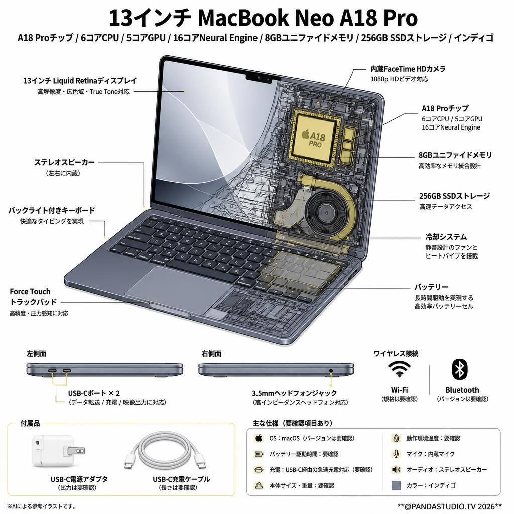 13インチ MacBook Neo A18 Proチップ / 6コアCPU / 5コアGPU / 16コアNeural Engine / 8GBユニファイドメモリ / 256GB SSDストレージ インディゴ スペック