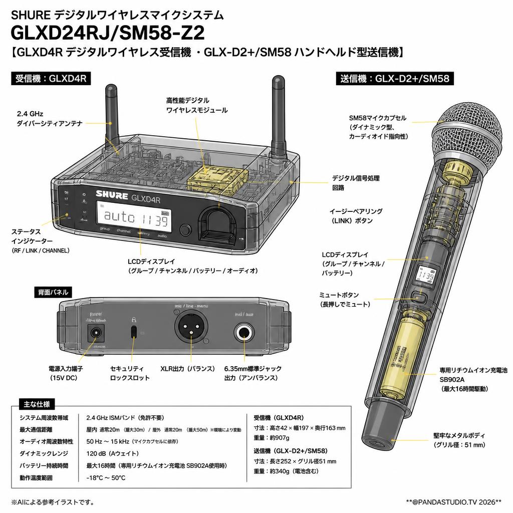 SHURE デジタルワイヤレスマイクシステム GLXD24RJ/SM58-Z2【GLXD4R デジタルワイヤレス受信機 ・GLX-D2+/SM58 ハンドヘルド型送信機】 スペック