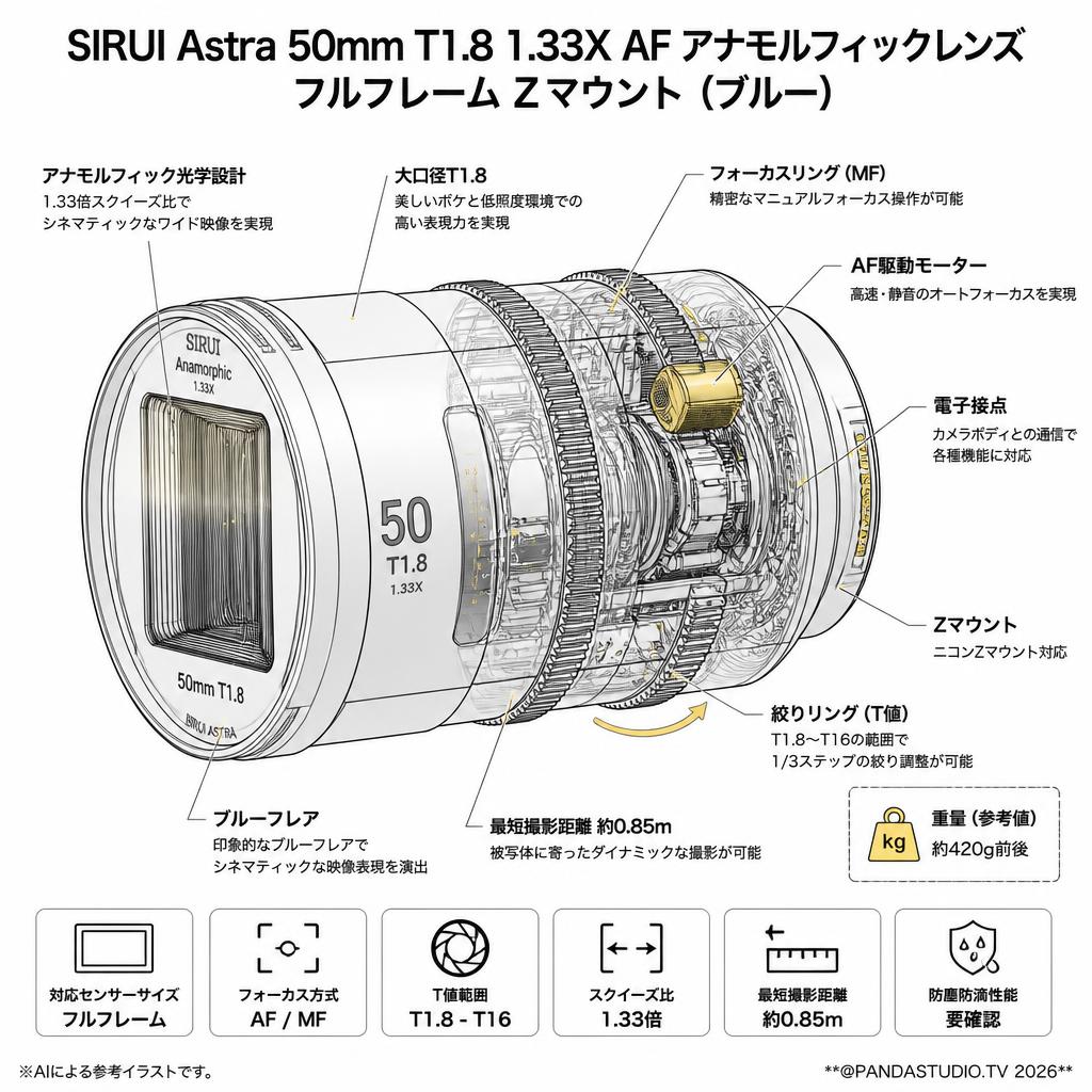 SIRUI Astra 50mm T1.8 1.33X AF アナモルフィックレンズ フルフレーム Zマウント （ブルー） スペック