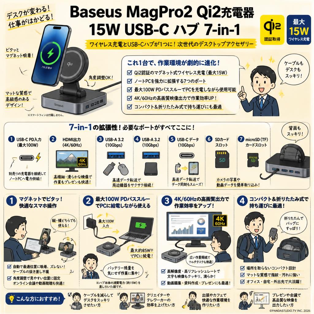 Baseus MagPro2 Qi2充電器 15W USB-C ハブ 7-in-1 概要