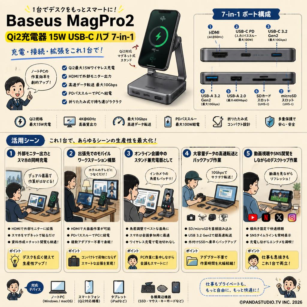 Baseus MagPro2 Qi2充電器 15W USB-C ハブ 7-in-1 用途