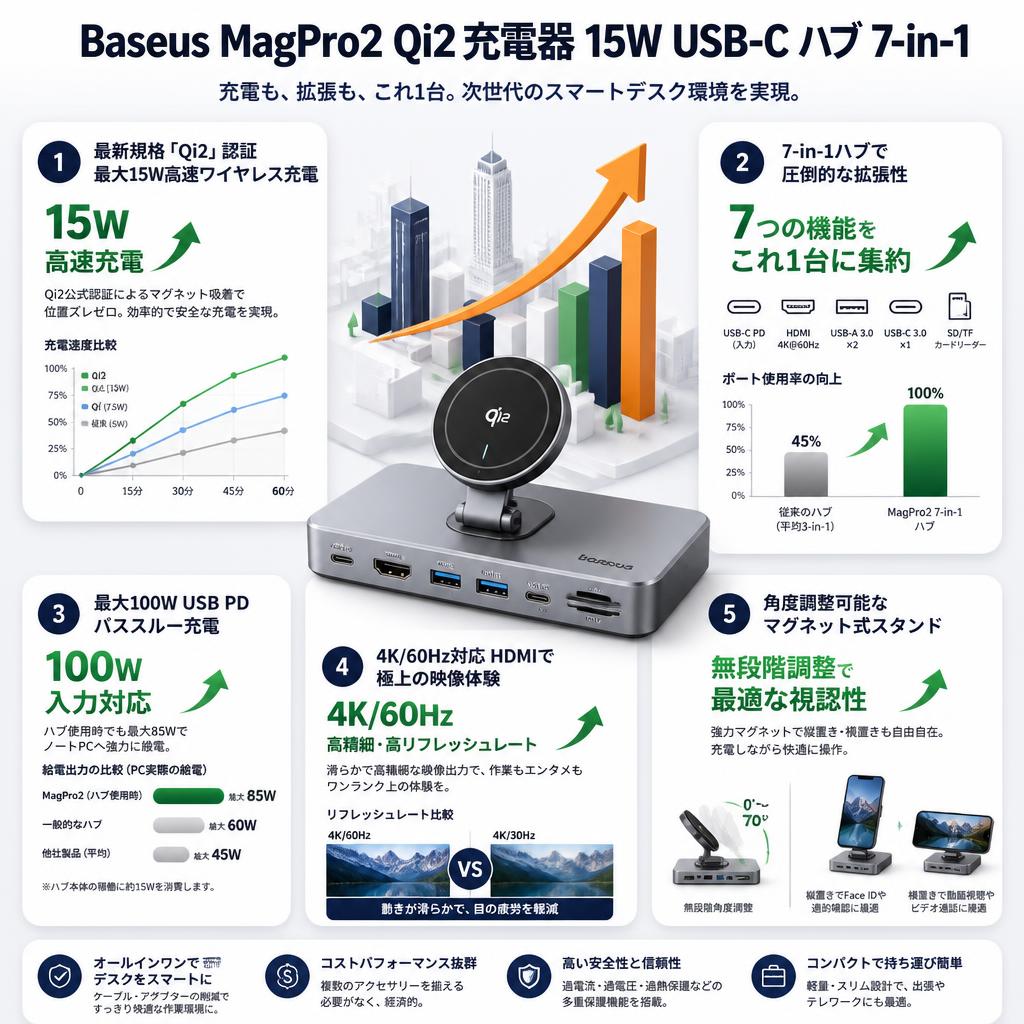 Baseus MagPro2 Qi2充電器 15W USB-C ハブ 7-in-1 セールスポイント