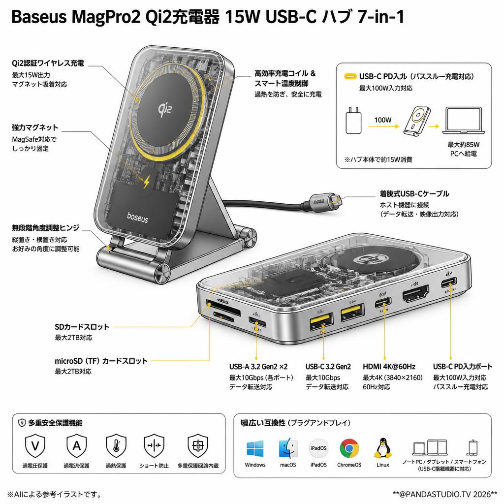 Baseus MagPro2 Qi2充電器 15W USB-C ハブ 7-in-1 スペック
