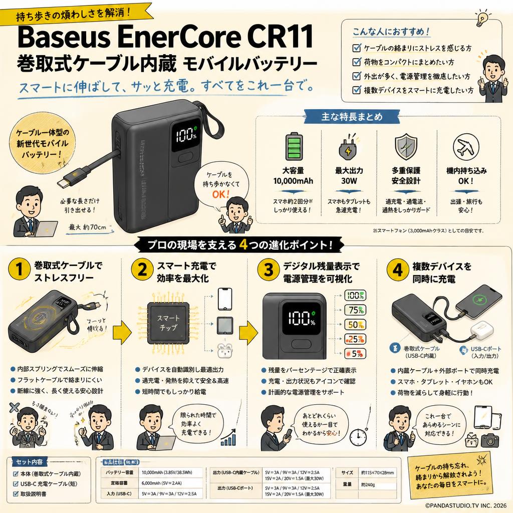 Baseus EnerCore CR11 巻取式ケーブル内蔵 モバイルバッテリー 概要