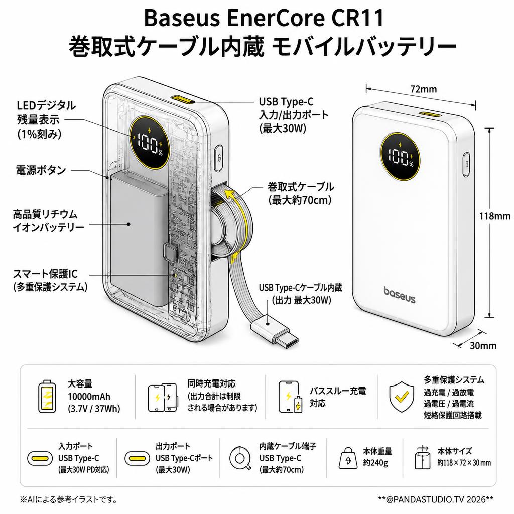 Baseus EnerCore CR11 巻取式ケーブル内蔵 モバイルバッテリー スペック