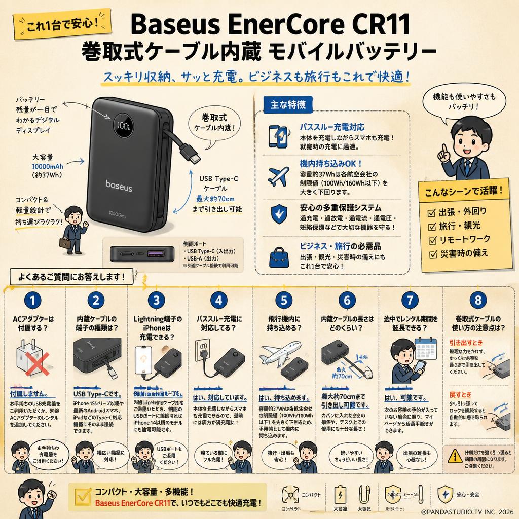 Baseus EnerCore CR11 巻取式ケーブル内蔵 モバイルバッテリー FAQ（よくある質問と答え）