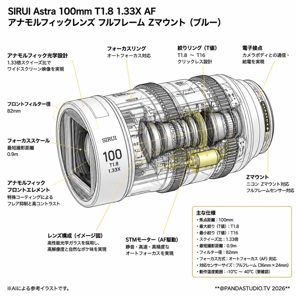 SIRUI Astra 100mm T1.8 1.33X AF アナモルフィックレンズ フルフレーム Zマウント （ブルー） スペック