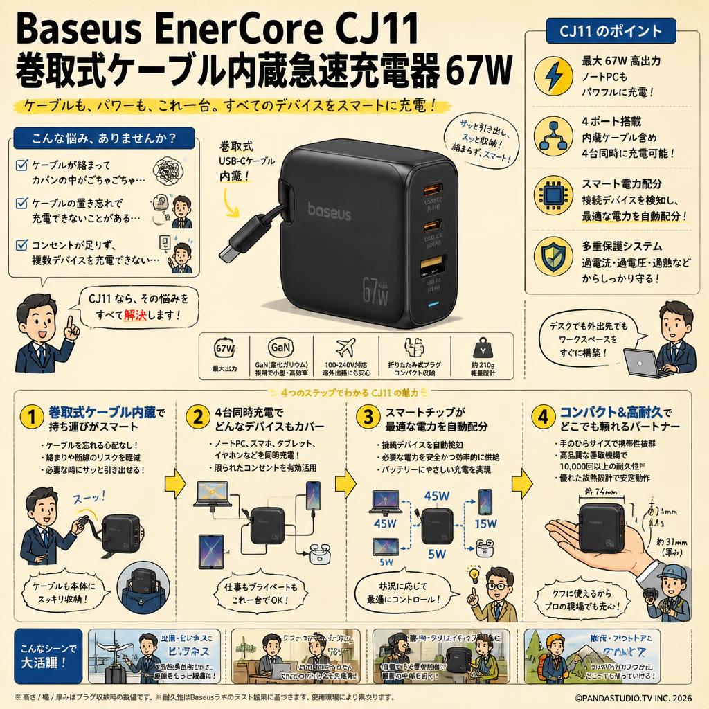 Baseus EnerCore CJ11 巻取式ケーブル内蔵急速充電器 67W 概要