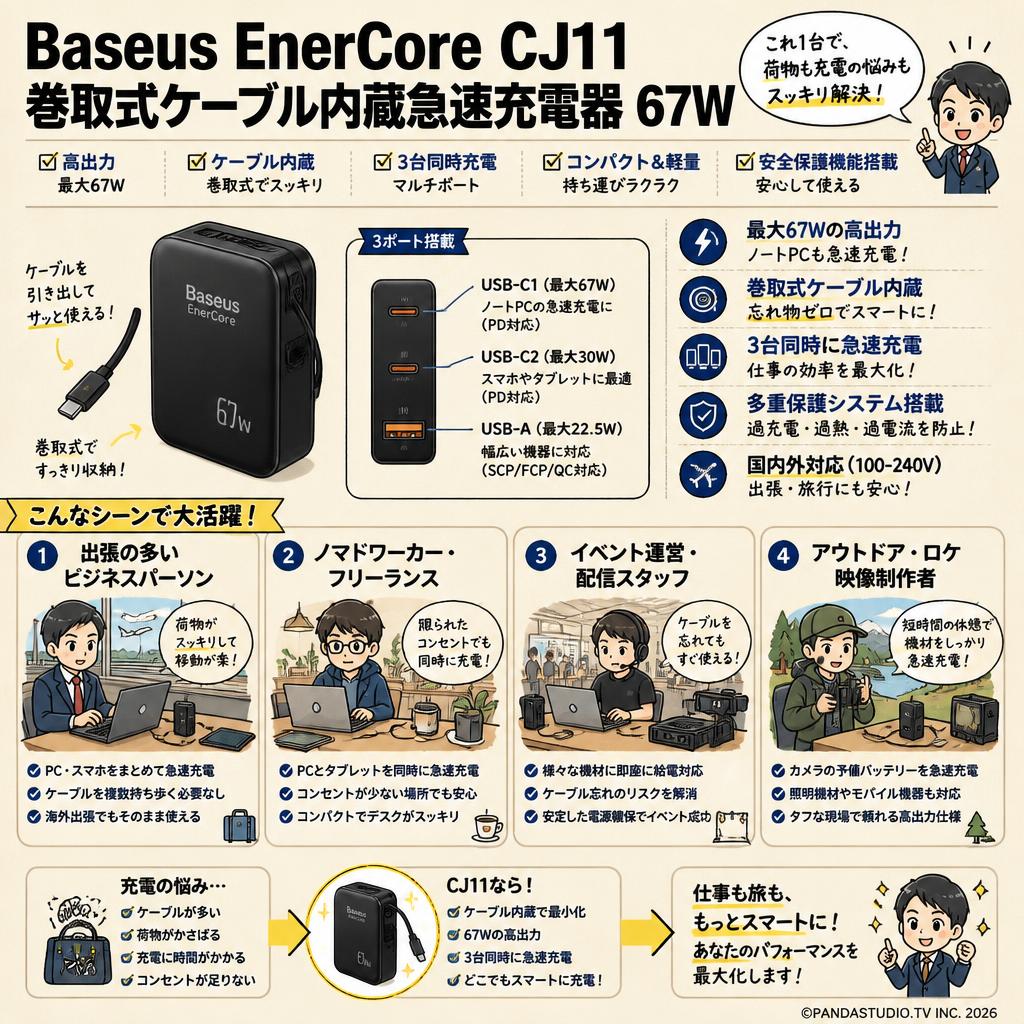 Baseus EnerCore CJ11 巻取式ケーブル内蔵急速充電器 67W おもな対象のお客様