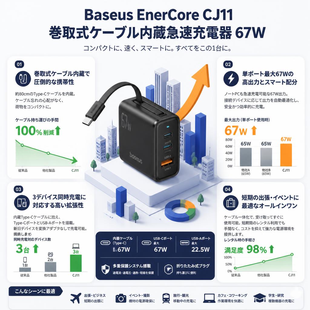 Baseus EnerCore CJ11 巻取式ケーブル内蔵急速充電器 67W セールスポイント