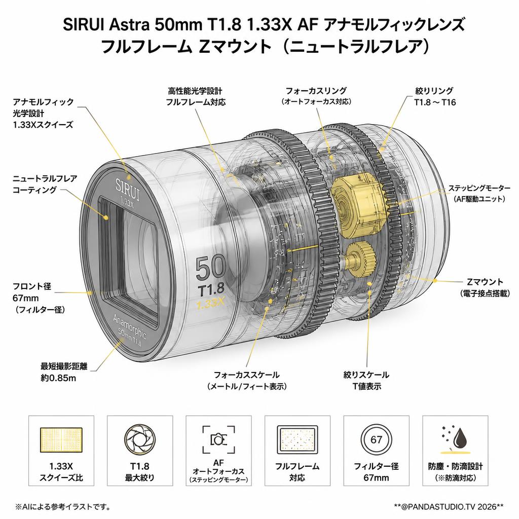 SIRUI Astra 50mm T1.8 1.33X AF アナモルフィックレンズ フルフレーム Zマウント （ニュートラルフレア） スペック