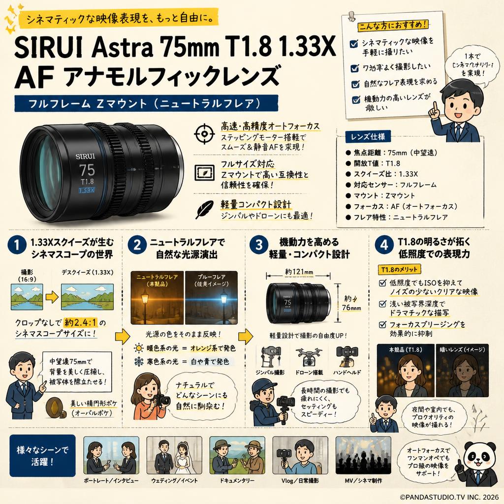 SIRUI Astra 75mm T1.8 1.33X AF アナモルフィックレンズ フルフレーム Zマウント （ニュートラルフレア） 概要
