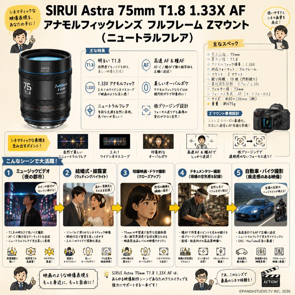SIRUI Astra 75mm T1.8 1.33X AF アナモルフィックレンズ フルフレーム Zマウント （ニュートラルフレア） 用途