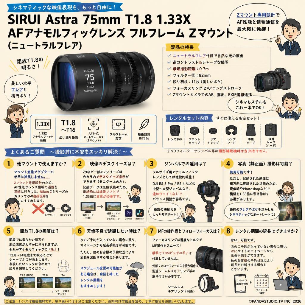 SIRUI Astra 75mm T1.8 1.33X AF アナモルフィックレンズ フルフレーム Zマウント （ニュートラルフレア） FAQ（よくある質問と答え）