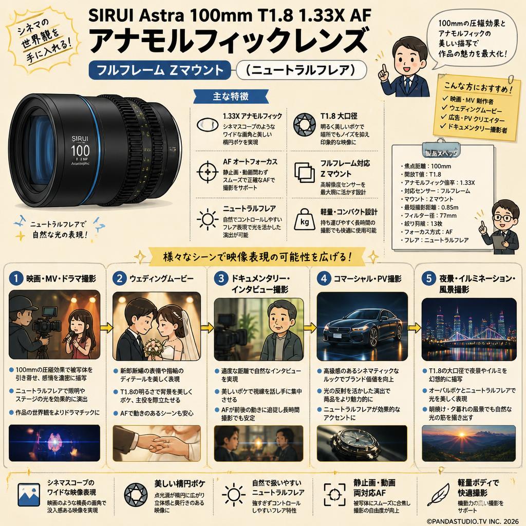 SIRUI Astra 100mm T1.8 1.33X AF アナモルフィックレンズ フルフレーム Zマウント （ニュートラルフレア） 用途