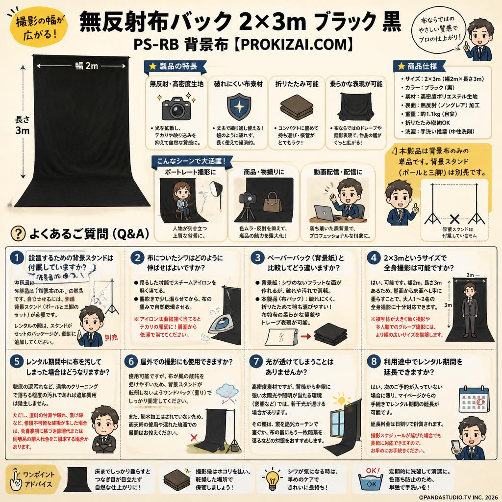 無反射布バック2×3mブラック 黒 PS-RB  背景布【PROKIZAI.COM】 FAQ（よくある質問と答え）