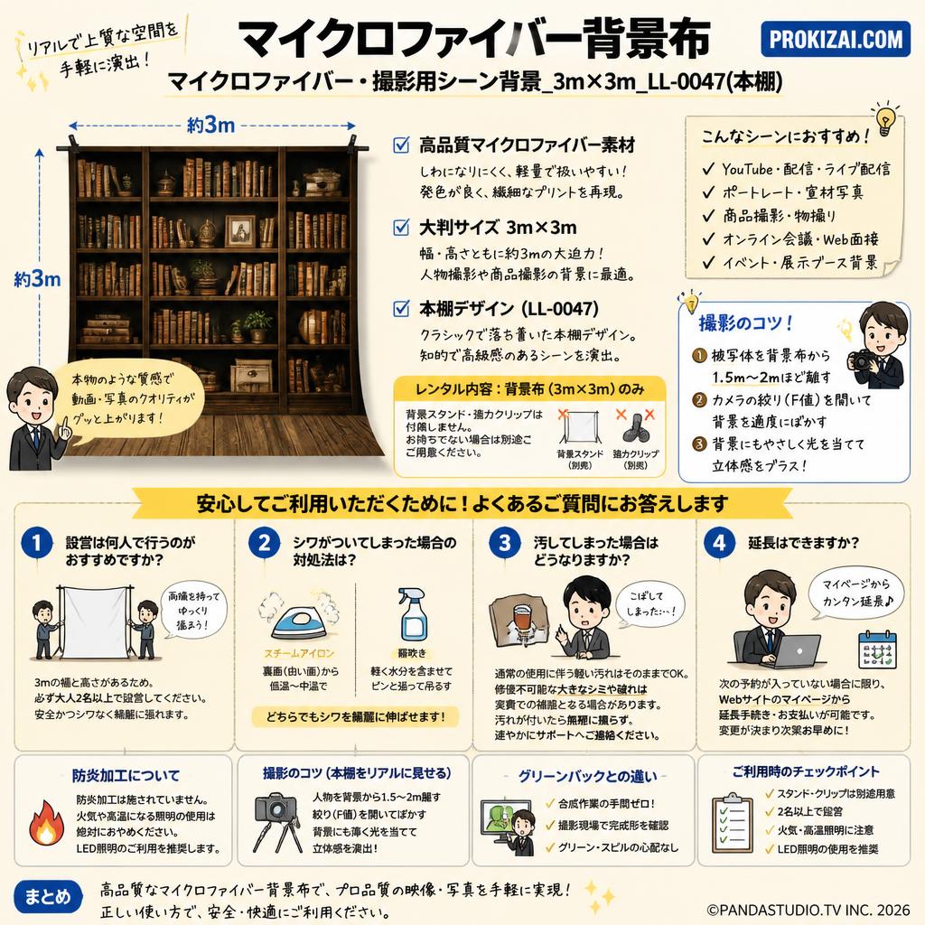 マイクロファイバー背景布 マイクロファイバー・撮影用シーン背景_3m×3m_LL-0047(本棚）【PROKIZAI.COM】 FAQ（よくある質問と答え）