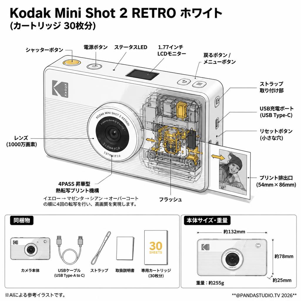 Kodak Mini Shot 2 RETRO ホワイト (カートリッジ 30枚分) スペック