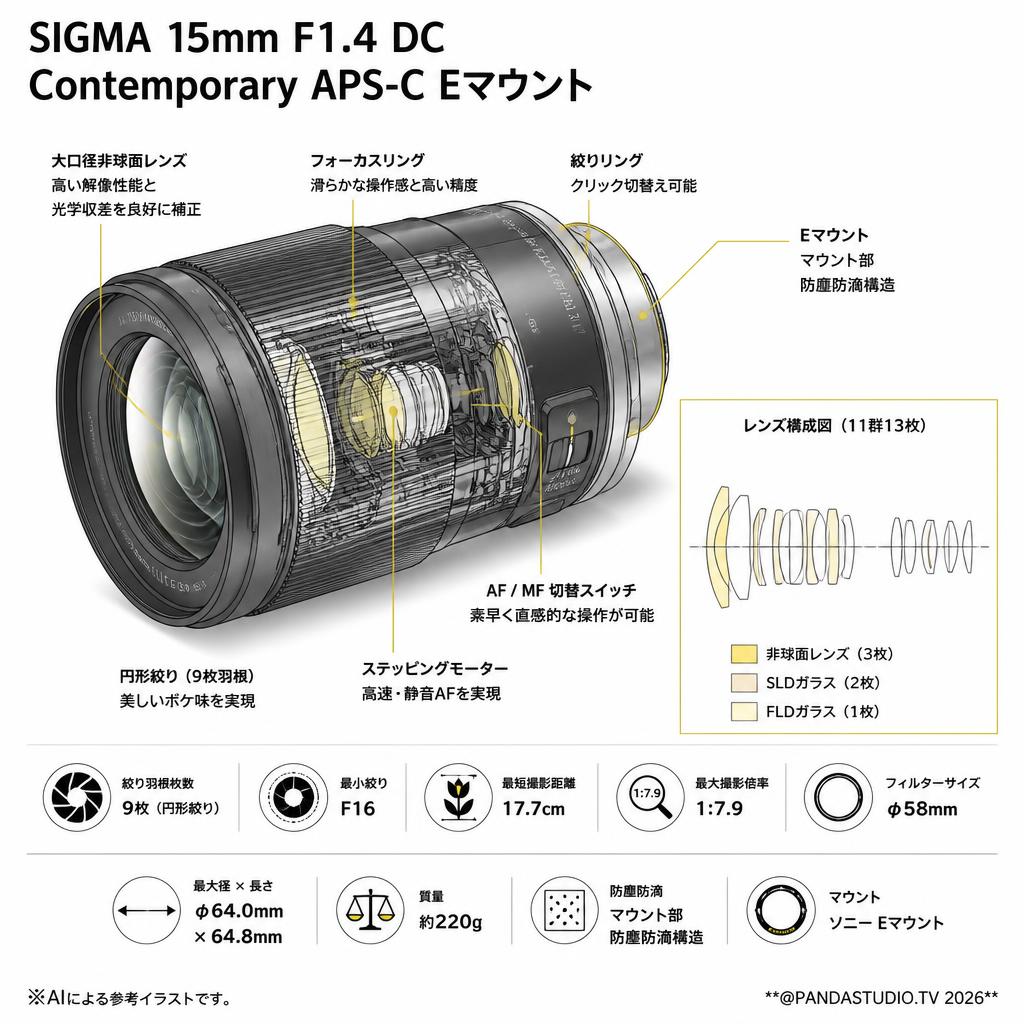 SIGMA 15mm F1.4 DC Contemporary APS-C Eマウント スペック