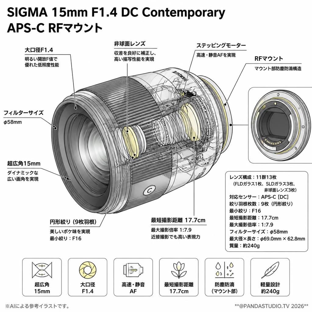 SIGMA 15mm F1.4 DC Contemporary APS-C RFマウント スペック