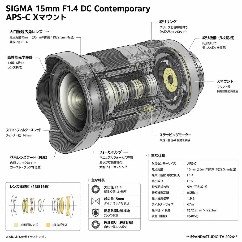 SIGMA 15mm F1.4 DC Contemporary APS-C Xマウント スペック