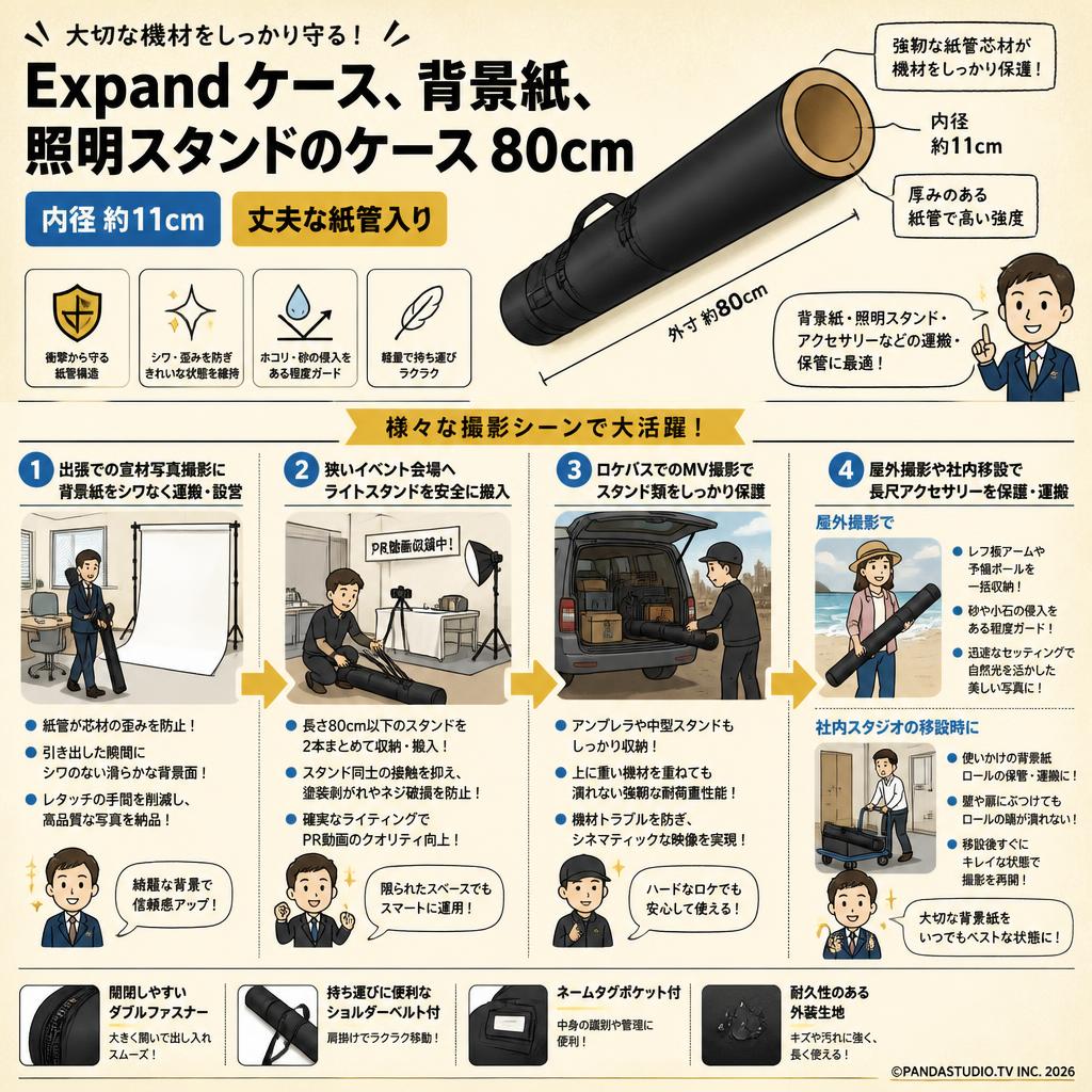 Expand ケース、背景紙、照明スタンドのケース　80cm（内径約11cm） 丈夫な紙管入り 用途