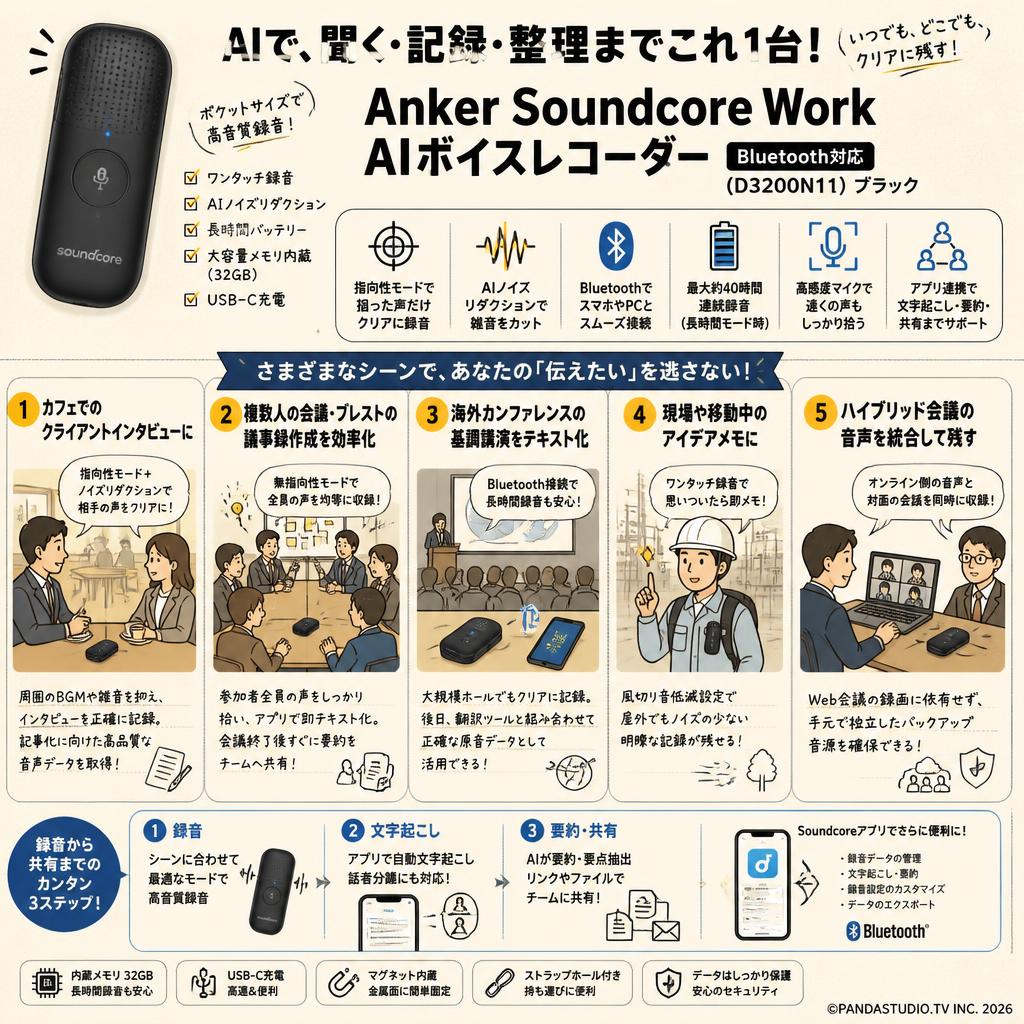 Anker Soundcore Work AIボイスレコーダー Bluetooth対応 （D3200N11） ブラック 用途