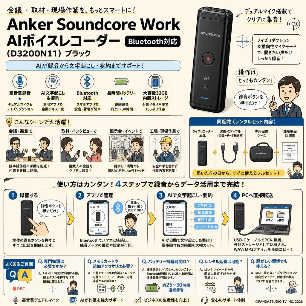 Anker Soundcore Work AIボイスレコーダー Bluetooth対応 （D3200N11） ブラック FAQ（よくある質問と答え）
