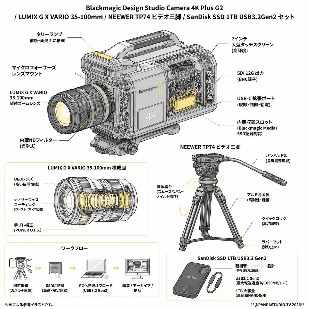 Blackmagic Design Studio Camera 4K Plus G2 / LUMIX G X VARIO 35-100mm / NEEWER TP74 ビデオ三脚 / SanDisk SSD 1TB USB3.2Gen2 セット スペック
