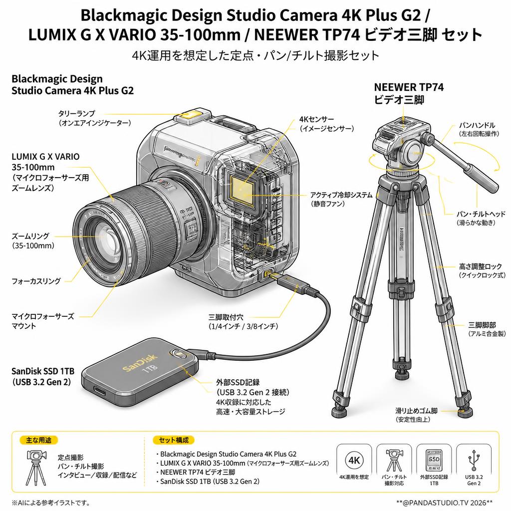Blackmagic Design Studio Camera 4K Plus G2 / LUMIX G X VARIO 35-100mm / NEEWER TP74 ビデオ三脚 セット スペック