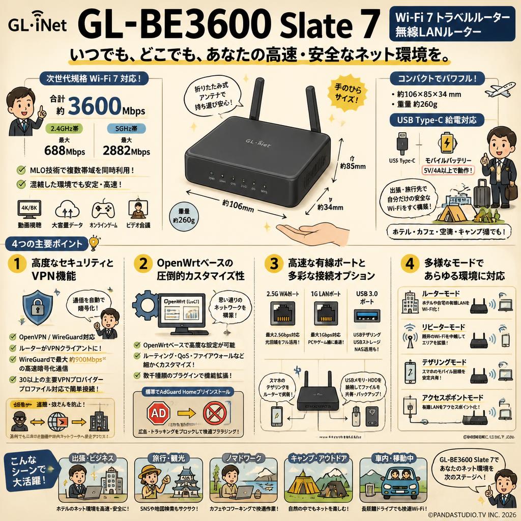 GL.iNet GL-BE3600 Slate 7 Wi-Fi 7 トラベルルーター 無線LANルーター 概要
