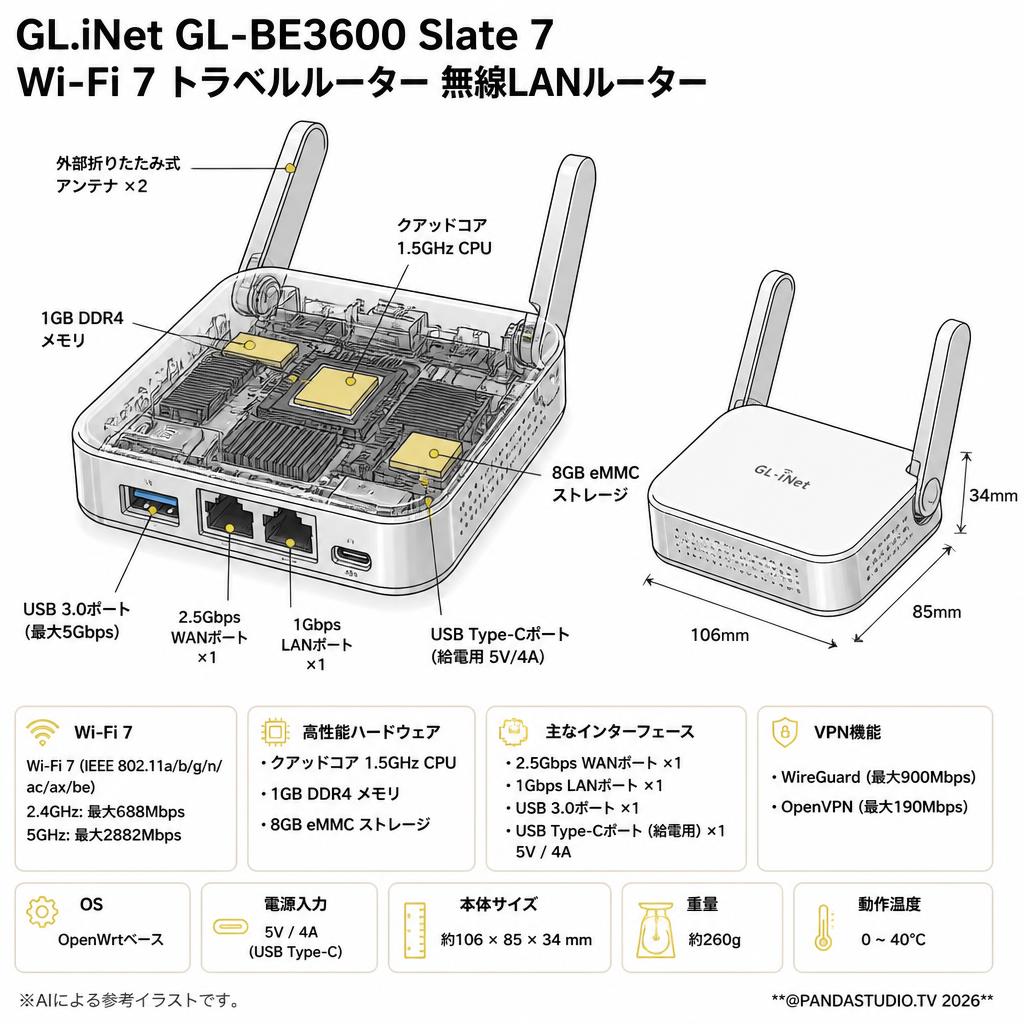 GL.iNet GL-BE3600 Slate 7 Wi-Fi 7 トラベルルーター 無線LANルーター スペック
