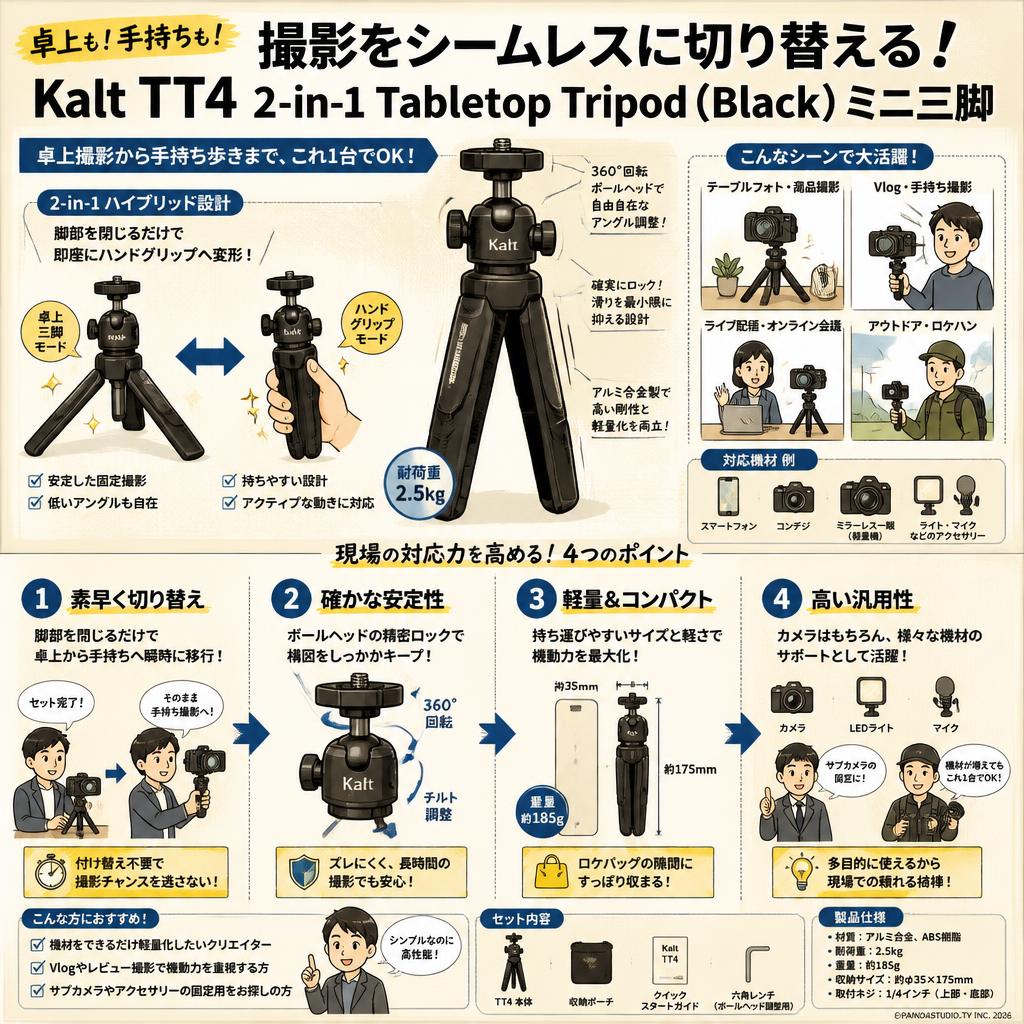 Kalt TT4 2-in-1 Tabletop Tripod (Black) ミニ三脚 概要