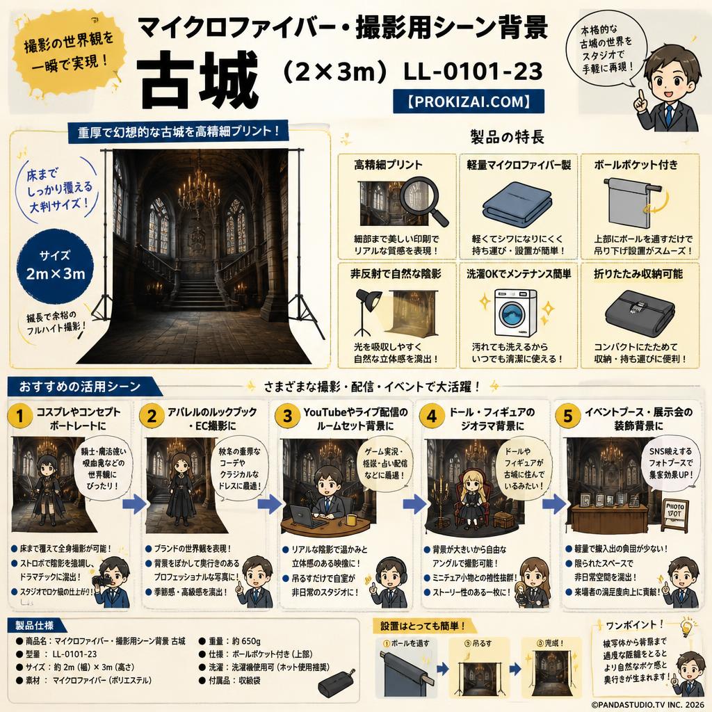 マイクロファイバー・撮影用シーン背景(2×3m)古城 LL-0101-23【PROKIZAI.COM】 用途