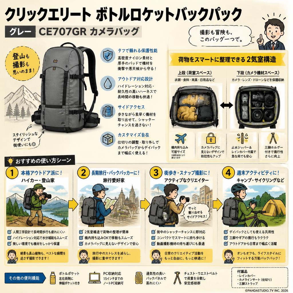 クリックエリート  ボトルロケットバックパック　グレー　 CE707GR　カメラバック おもな対象のお客様