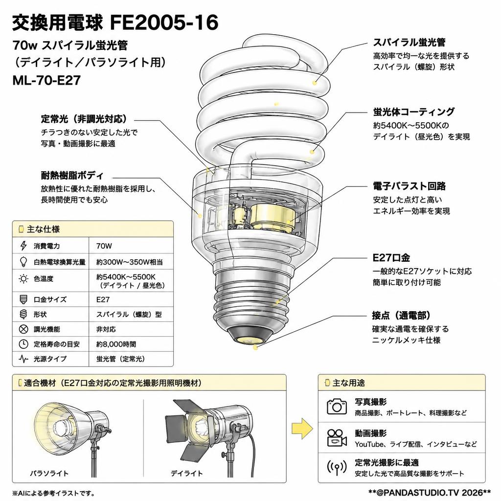 交換用電球 FE2005-16  70w スパイラル蛍光管(デイライト／パラソライト用) ML-70-E27  【PROKIZAI.COM】 スペック