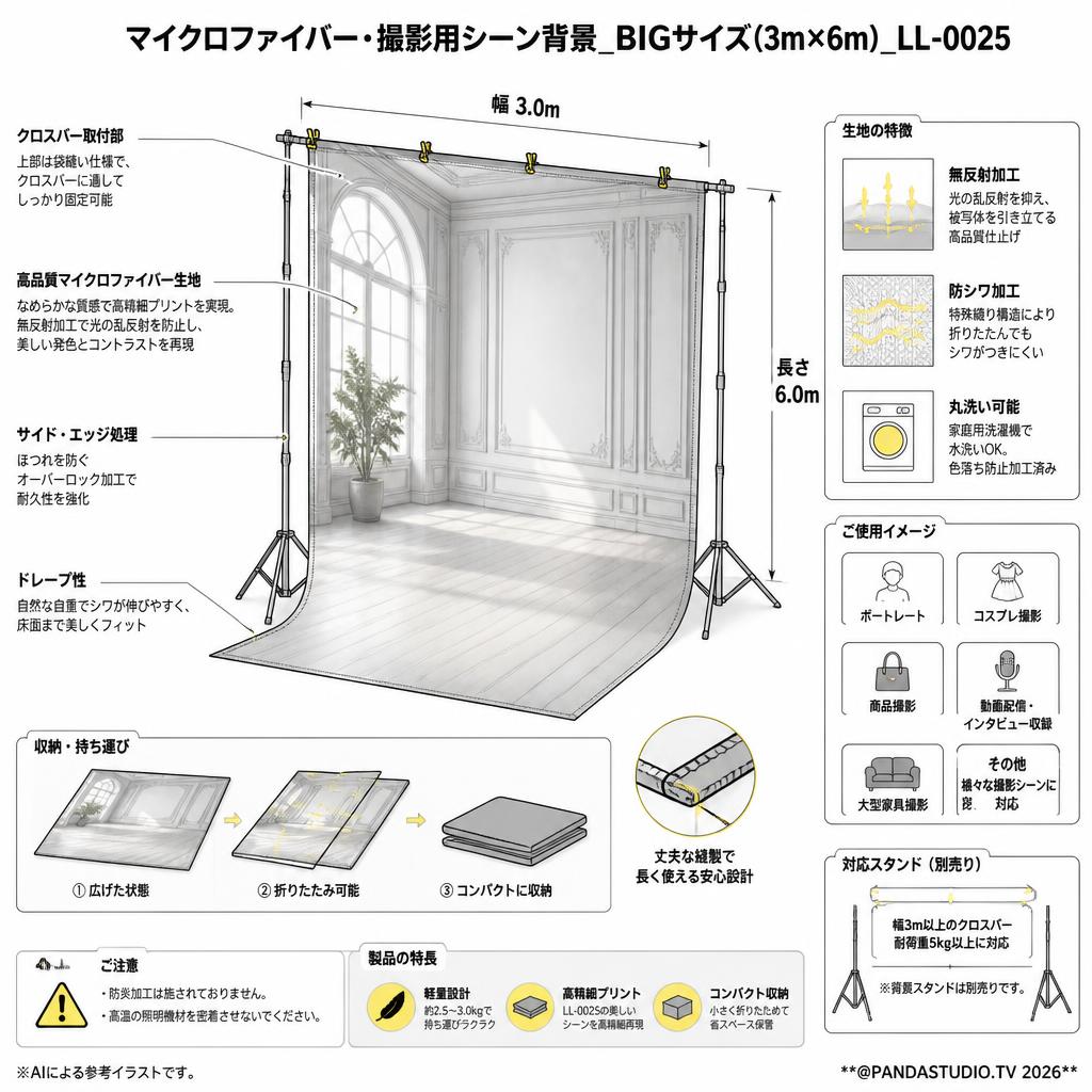 マイクロファイバー・撮影用シーン背景_BIGサイズ(3m×6m）_LL-0025【PROKIZAI.COM】 スペック