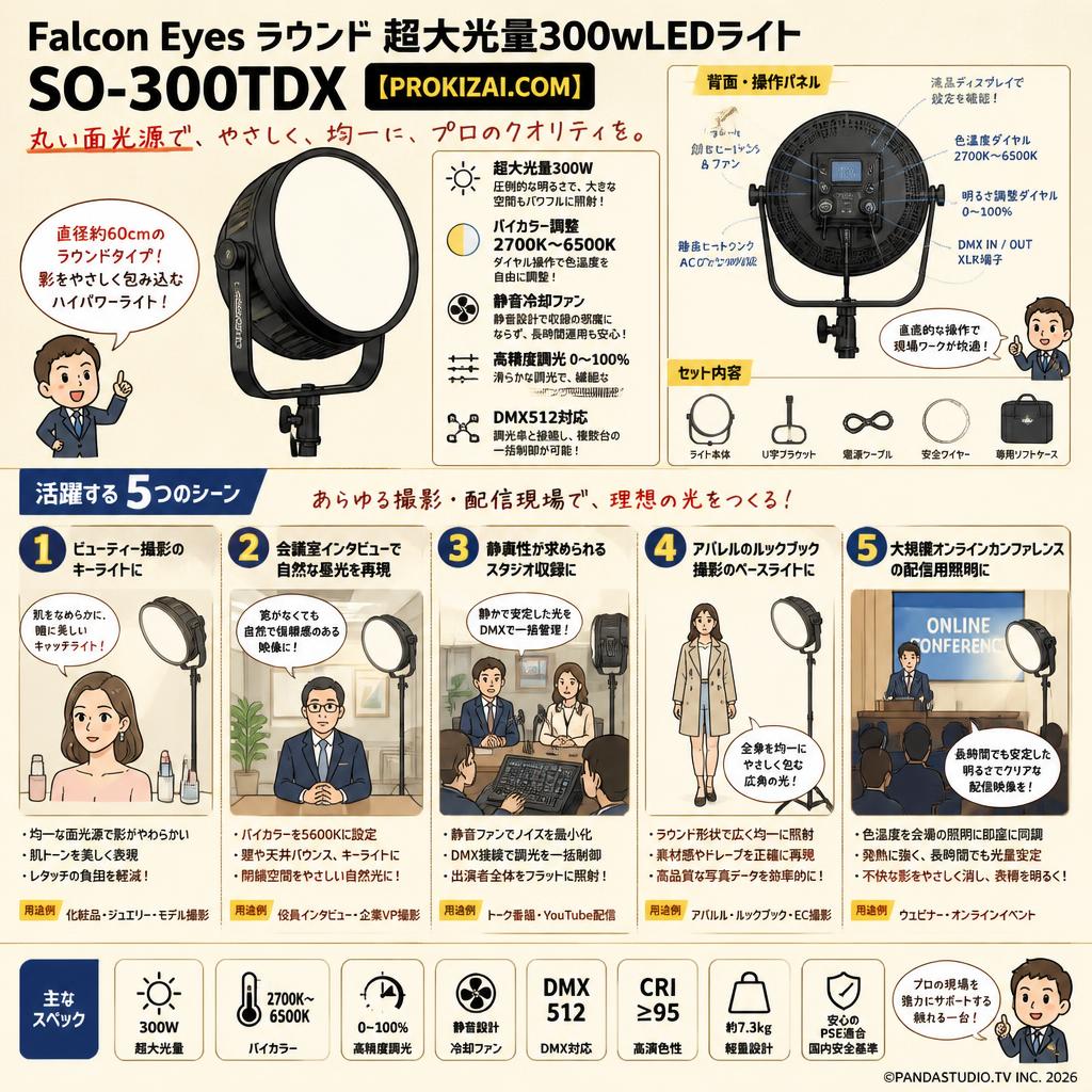 Falcon Eyes  ラウンド 超大光量300wLEDライト SO-300TDX【PROKIZAI.COM】 用途