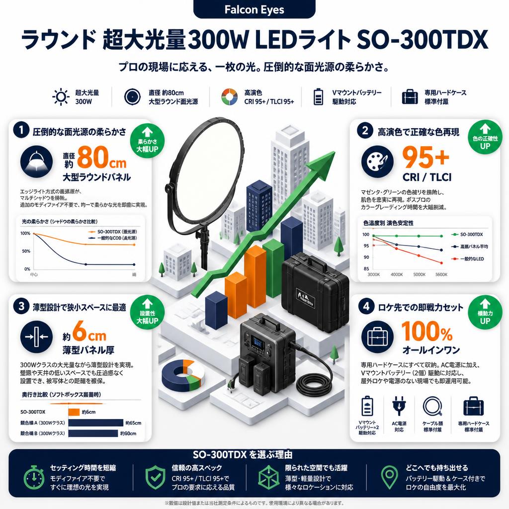 Falcon Eyes  ラウンド 超大光量300wLEDライト SO-300TDX【PROKIZAI.COM】 セールスポイント