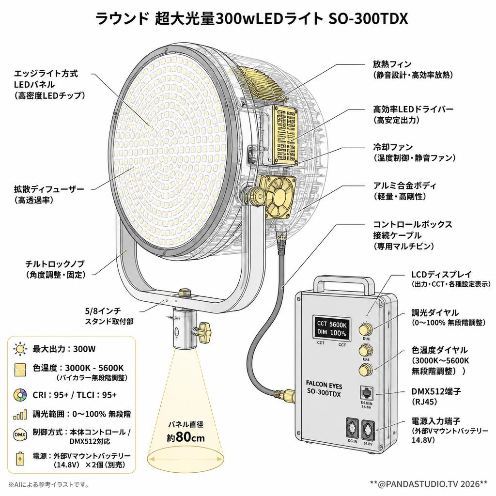 Falcon Eyes  ラウンド 超大光量300wLEDライト SO-300TDX【PROKIZAI.COM】 スペック