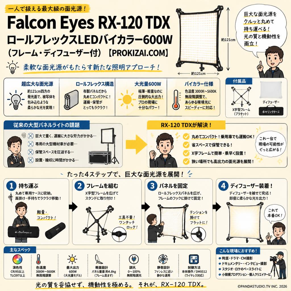 Falcon Eyes  RX-120 TDX ロールフレックスLEDバイカラー600W（フレーム・ディフューザー付）【PROKIZAI.COM】 概要