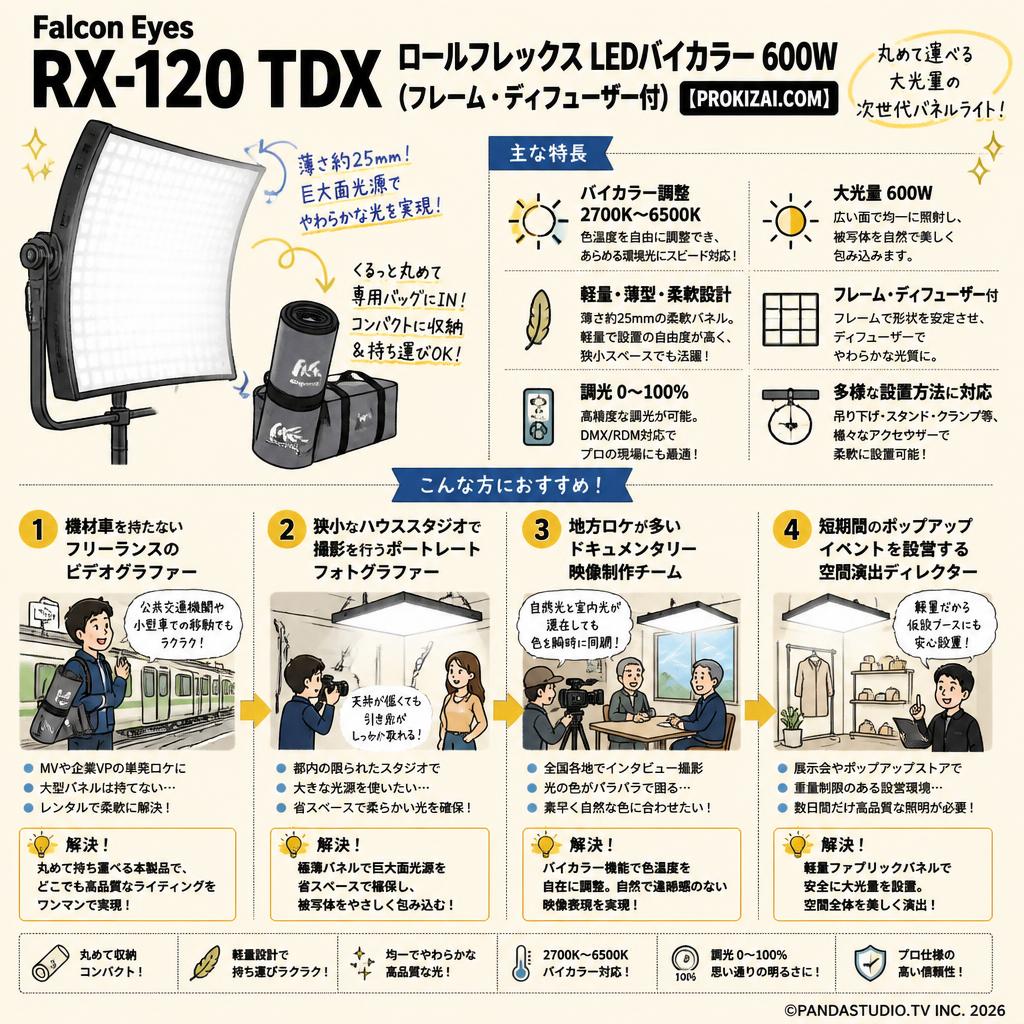 Falcon Eyes  RX-120 TDX ロールフレックスLEDバイカラー600W（フレーム・ディフューザー付）【PROKIZAI.COM】 おもな対象のお客様
