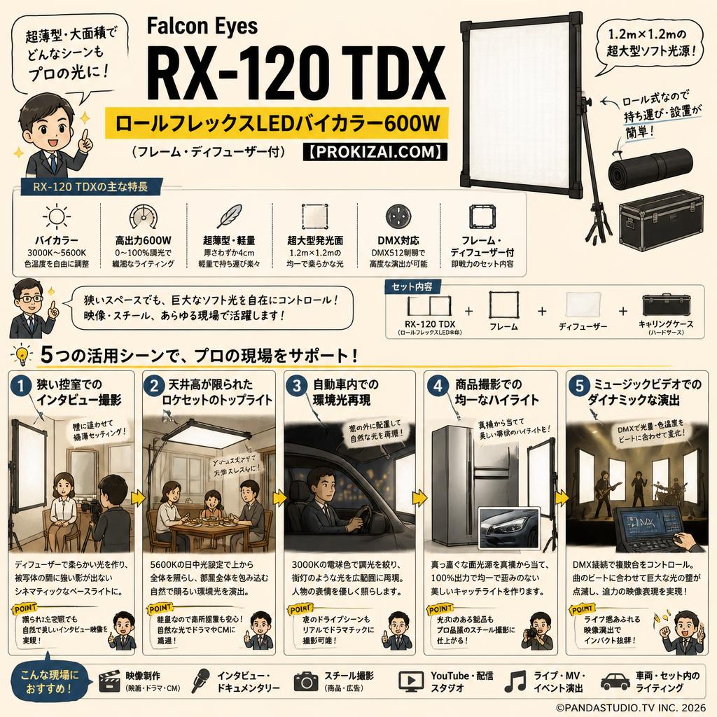Falcon Eyes  RX-120 TDX ロールフレックスLEDバイカラー600W（フレーム・ディフューザー付）【PROKIZAI.COM】 用途