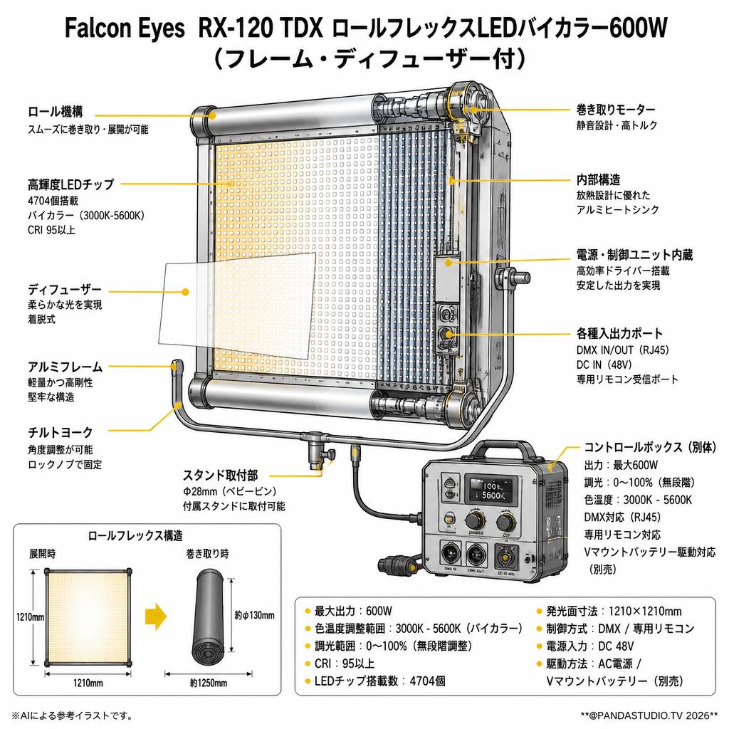 Falcon Eyes  RX-120 TDX ロールフレックスLEDバイカラー600W（フレーム・ディフューザー付）【PROKIZAI.COM】 スペック