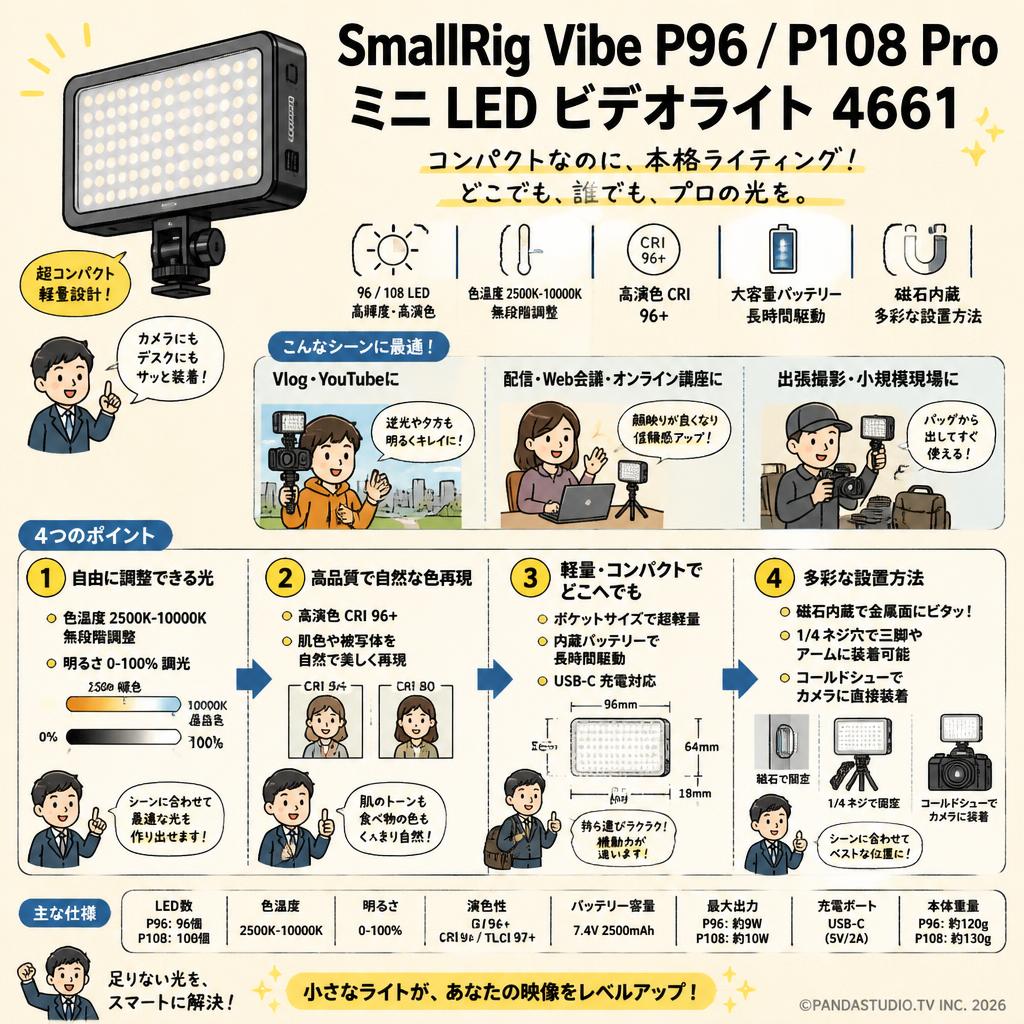 SmallRig Vibe P96 / P108 Pro ミニ LED ビデオライト　4661 おもな対象のお客様